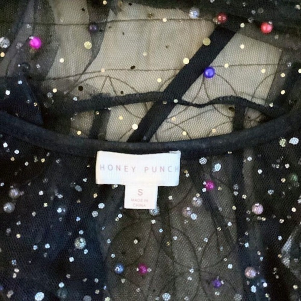 Honey Punch Black Sheer Mesh Pearl Embellished Peplum Tie Front Top Small - Picture 7 of 8